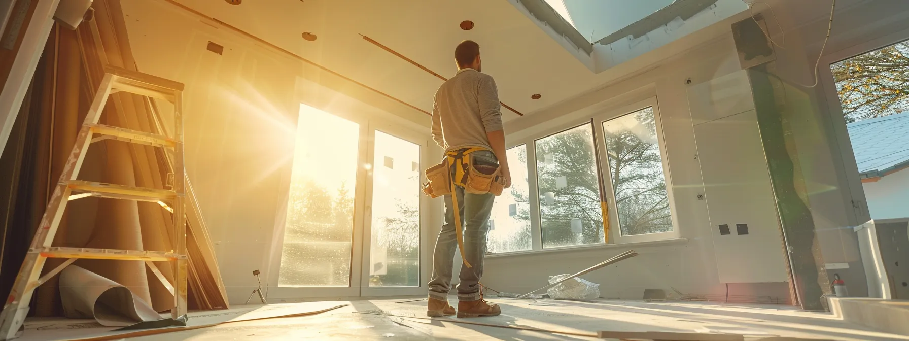 a contractor installing eco-friendly materials in a well-lit, airy room during a renovation project.