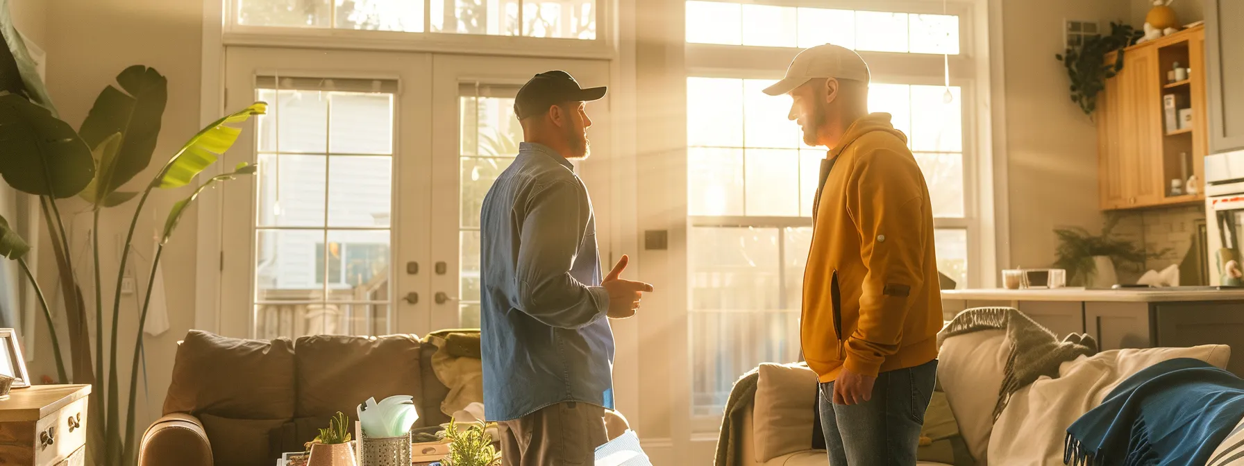 a contractor discussing renovation costs with a homeowner in a living room filled with renovation materials.