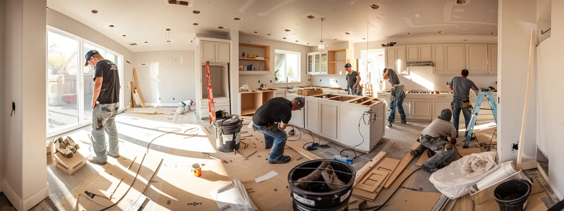 a team of contractors working on a kitchen renovation project.