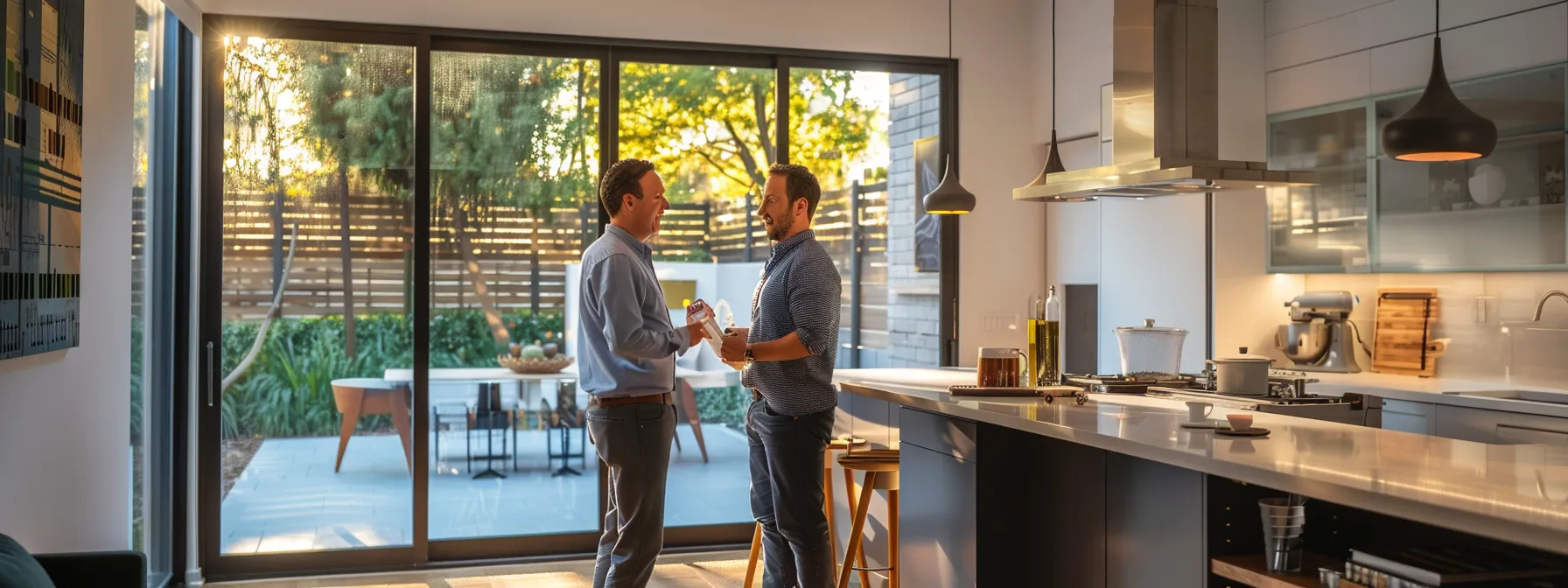 a contractor discussing layout plans with a homeowner in a modern kitchen.