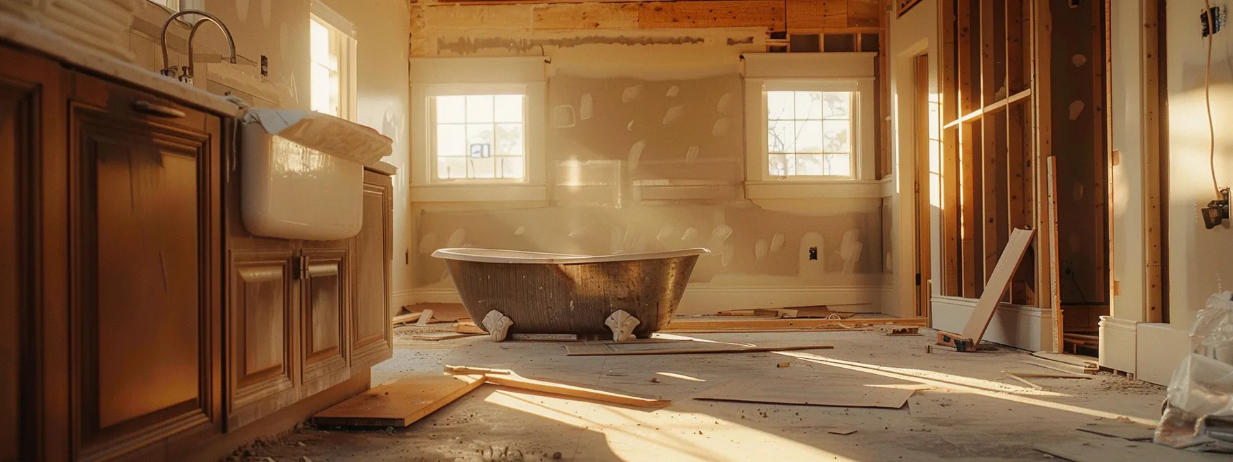 a kitchen being remodeled with modern fixtures and elegant bathtubs.